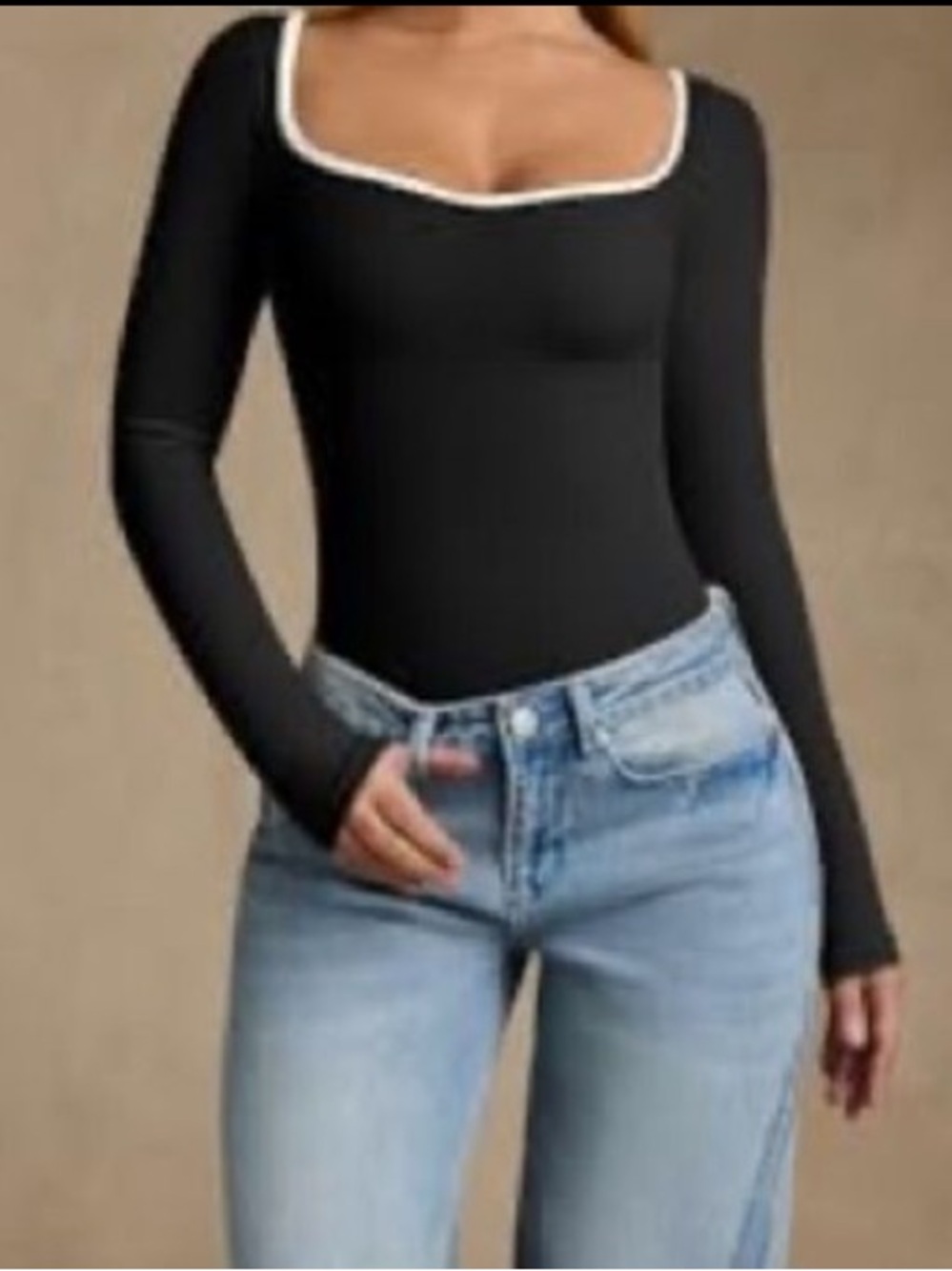 OQQ Navy Blue Long Sleeve Bodysuit with White Trim & Sweetheart Neckline (Large)